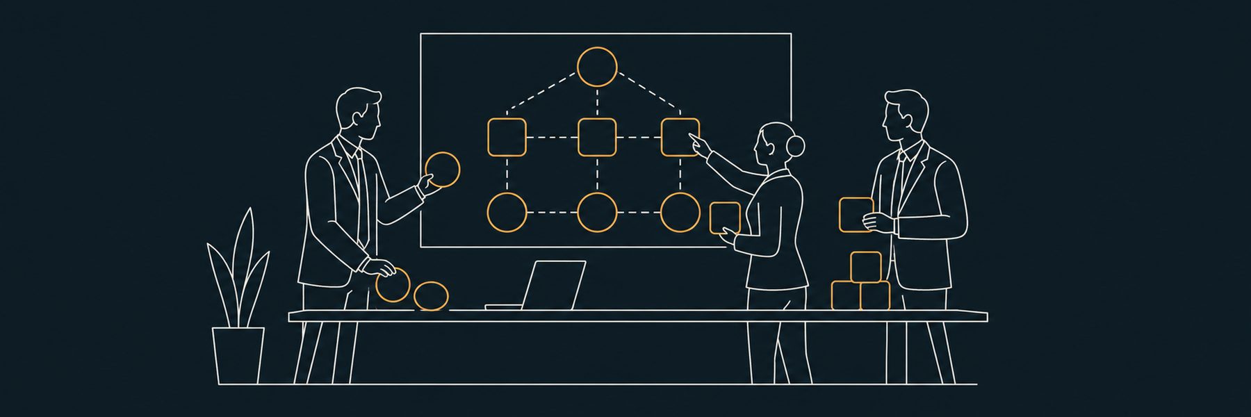 Illustration: a team arranging a structured network of AI and system components on a board.