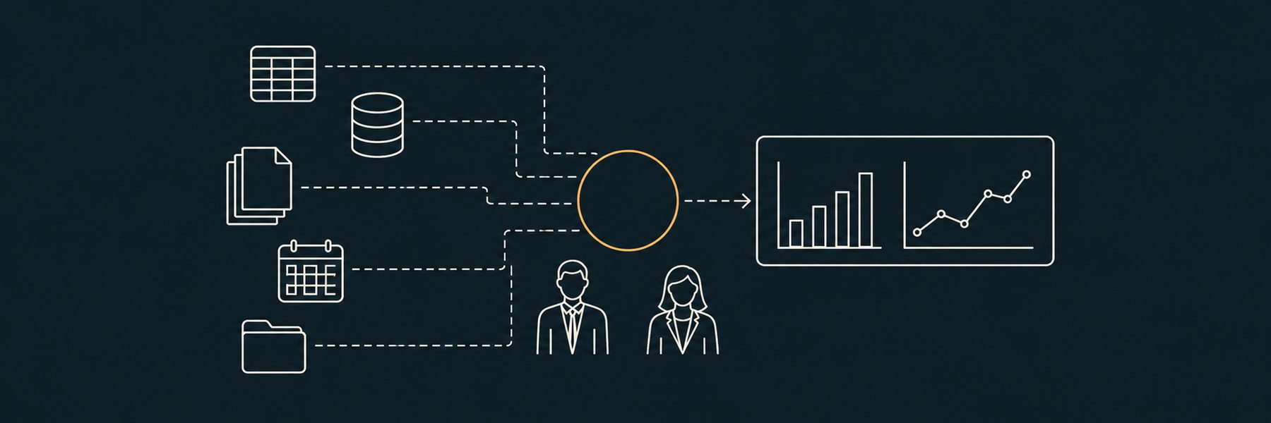 Illustration: spreadsheets, databases, documents, and calendars connected through one hub into a single live dashboard.