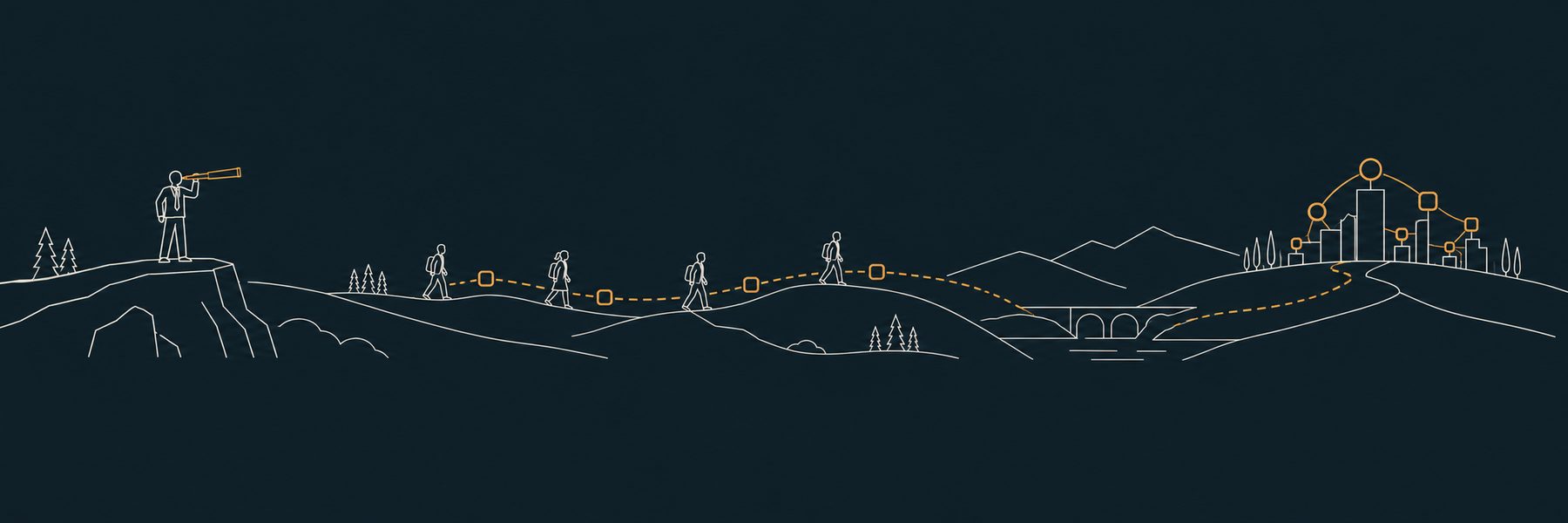 Illustration: a leader on an overlook sees a connected future organization on the horizon while the team travels the route toward it.