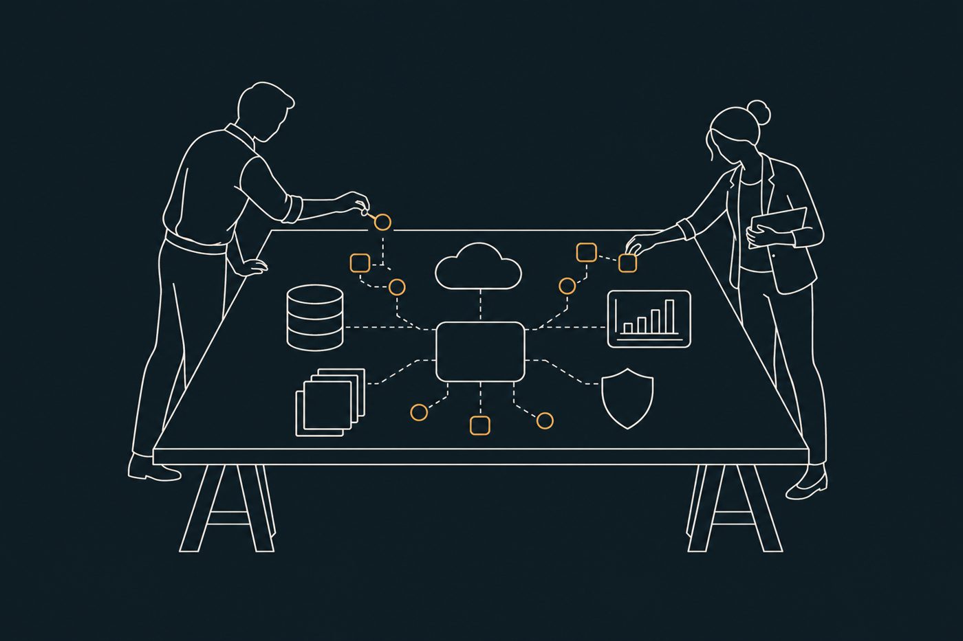 Illustration: two professionals assembling databases, cloud, reporting, security, and AI agents into one integrated system.