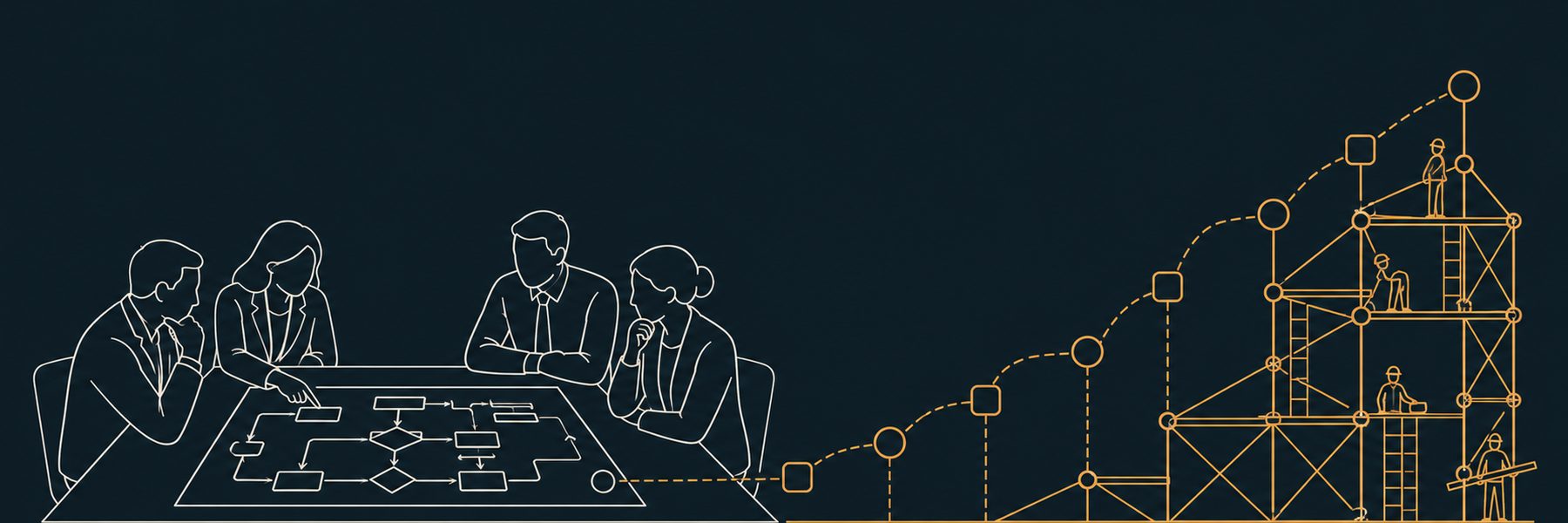 Illustration: consultants and staff mapping how the business works today, leading to a modern structure built for the future.