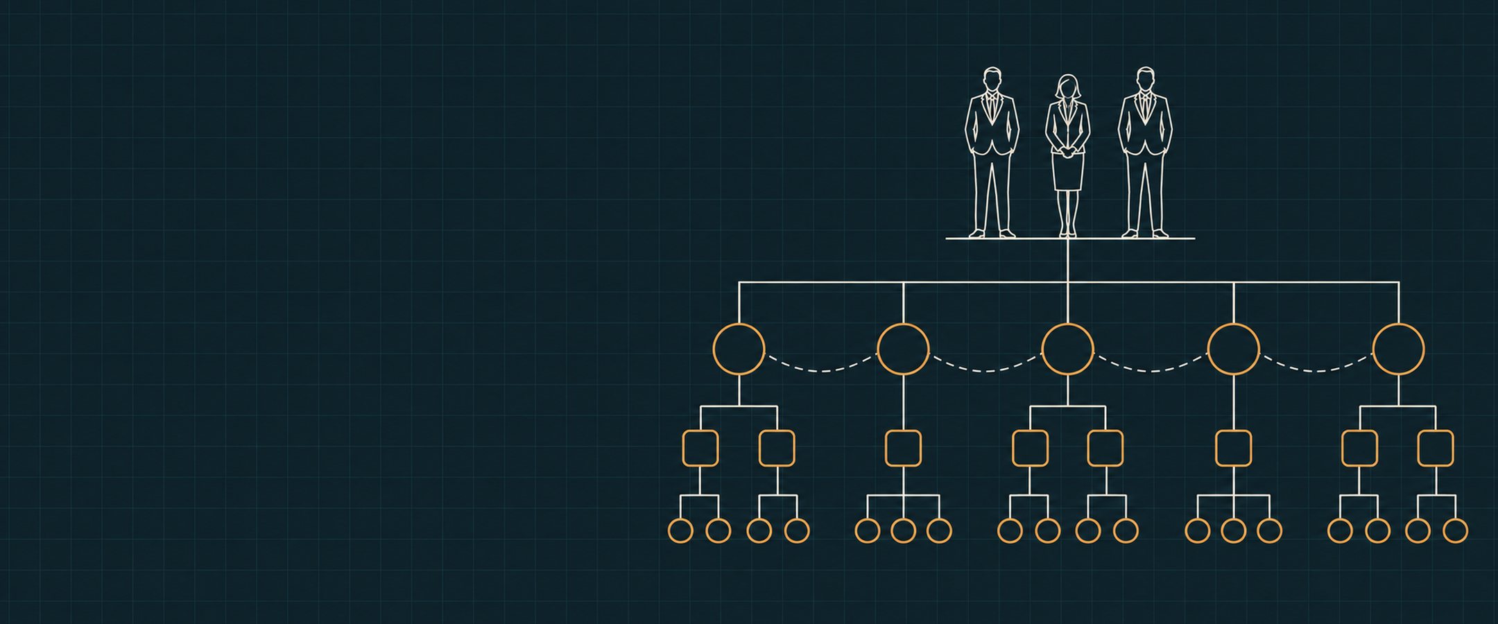 Illustration: a small group of people leading a structured organization of AI agents.